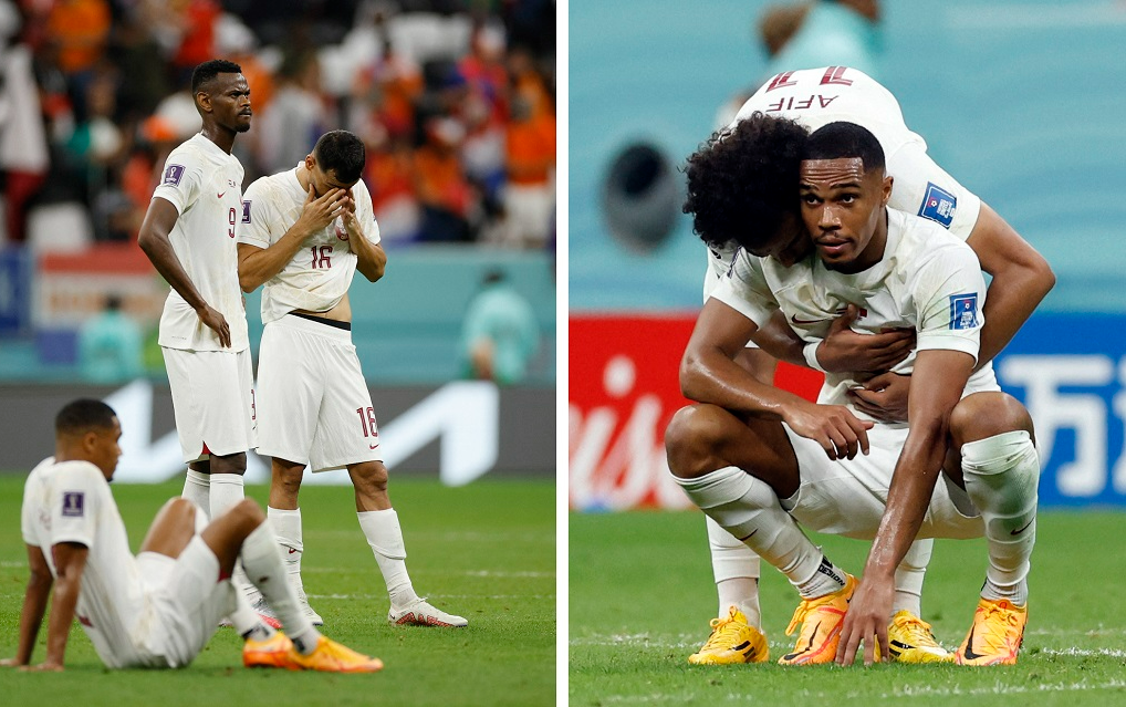 Jogadores do Catar lamentam derrota para Holanda e eliminação John Sibley e Piroschka Van De Wouw/Reuters