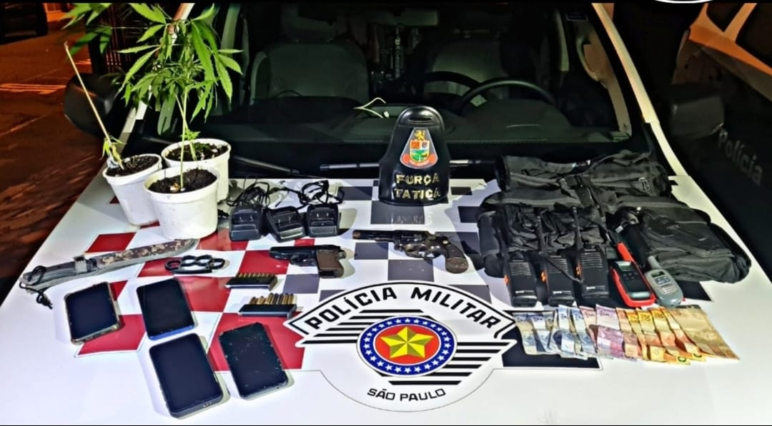 Armas e munições foram apreendidas, além de três pés de maconha e dinheiro Divulgação/Polícia Militar