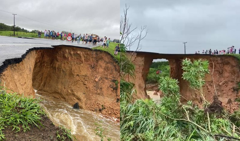 Chuva forte abre cratera em rodovia de Sergipe e deixa uma pessoa