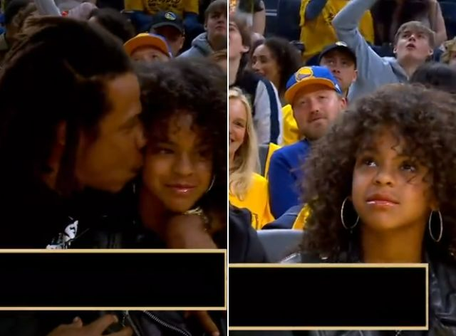 Jay-Z e a filha, Blue Ivy, em jogo da NBA Reprodução/Twitter