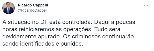 Interventor do DF afirma que situação está controlada em Brasília Foto: Reprodução/Twitter 