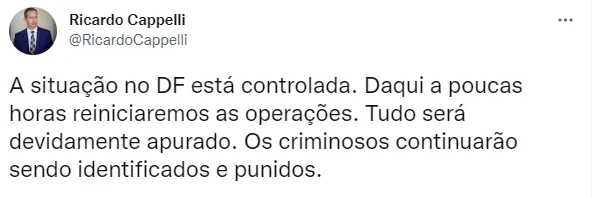 Interventor do DF afirma que situação está controlada em Brasília