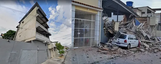 À esquerda, imagem do prédio antes do desabamento. À direita, imagem feita após a ocorrência.