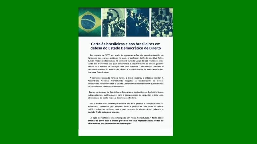 Primeira página do documento em defesa da democracia e do Estado de direito Reprodução 