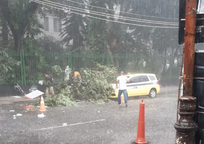 O galho de árvore caiu na entrada da unidade de saúde durante o temporal.