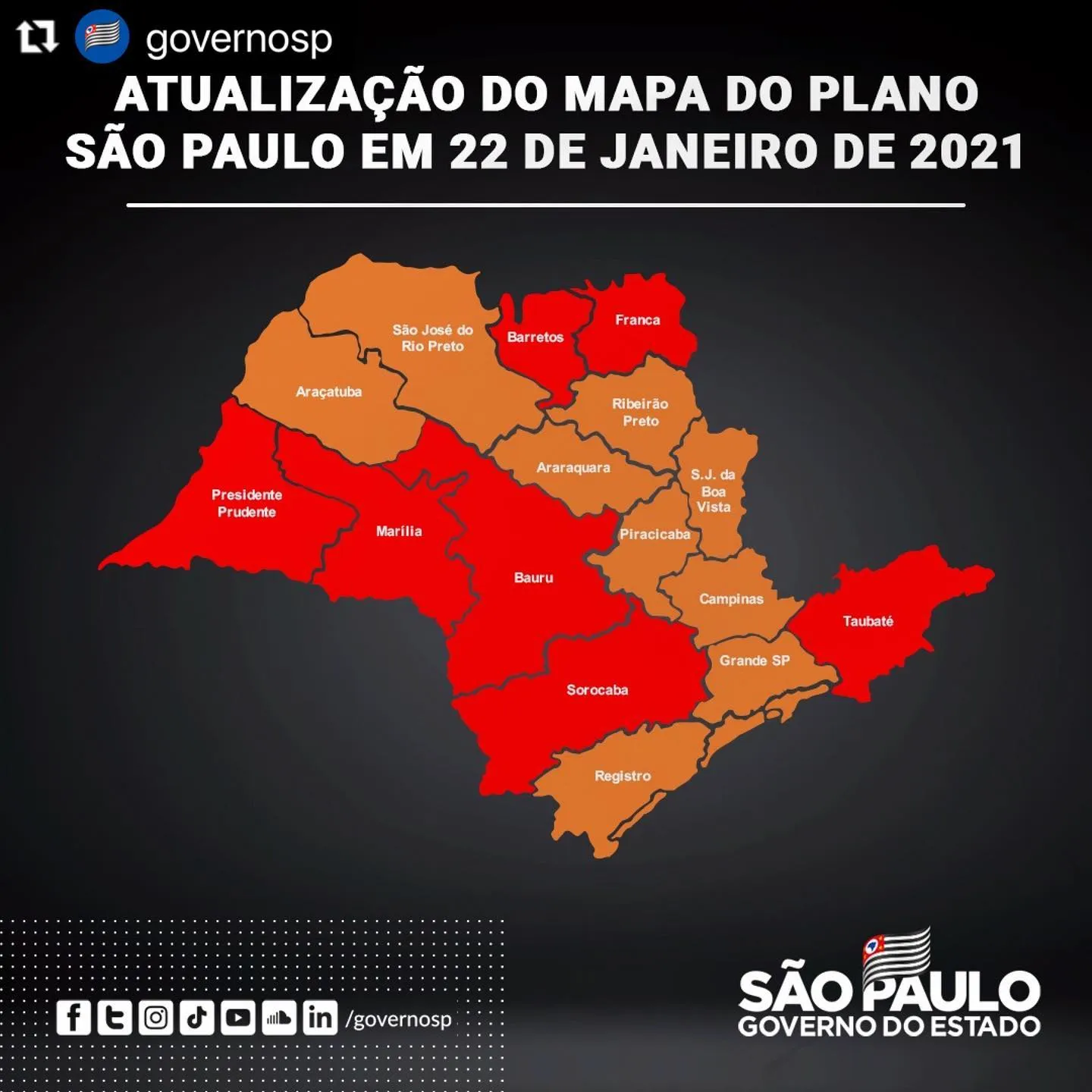 Mapa com nova classificação do Plano São Paulo em 22 de janeiro