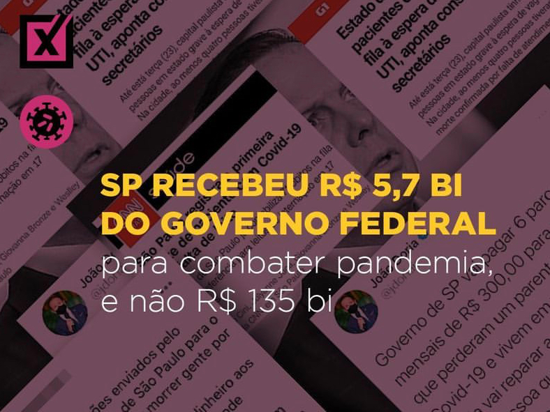 SP recebeu R$ 5,7 bilhões do governo federal para combater pandemia, e não R$ 135 bilhões Projeto Comprova