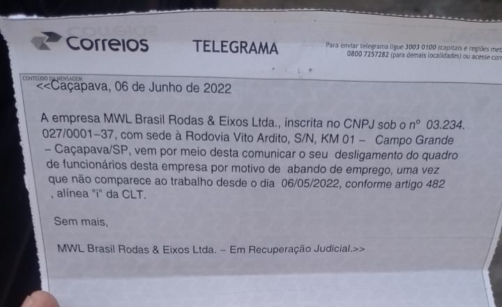 Telegrama enviado aos trabalhadores Divulgação/ Sindicato dos Metalúrgicos