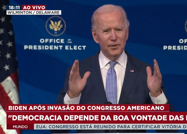 Biden fez críticas aos protestos no Capitólio Reprodução TV