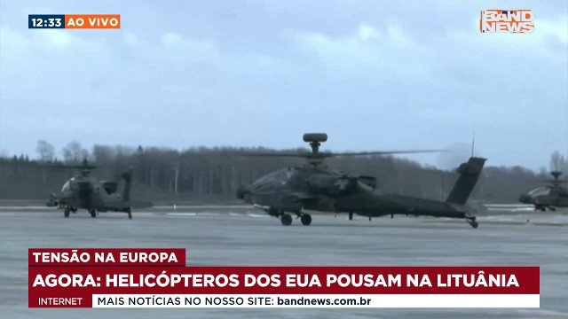 Helicópteros pousam na Lituânia, país integrante da Otan Reprodução / BandNews TV 