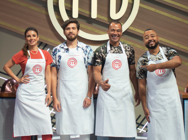 Paula, Gustavo, Cafu e Dudu se divertem em prova no MasterChef Carlos Reinis/Band