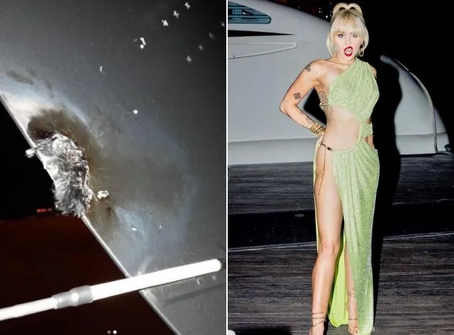 Miley Cyrus mostra parte do avião que foi atingido por raio