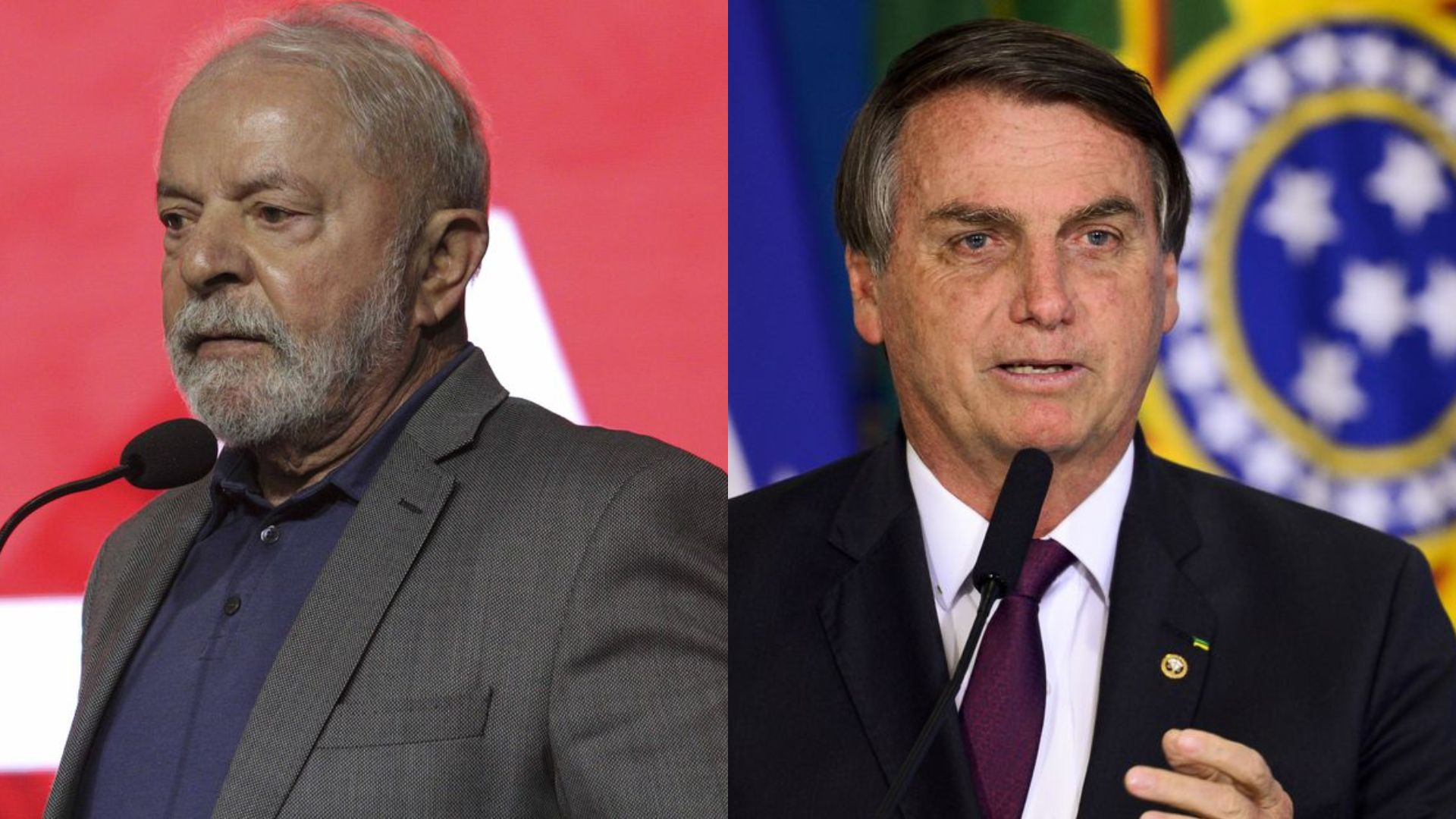 Nos votos válidos, o ex-presidente Lula tem 48% contra 36% de Jair Bolsonaro.   Foto: Montagem/Agência Brasil