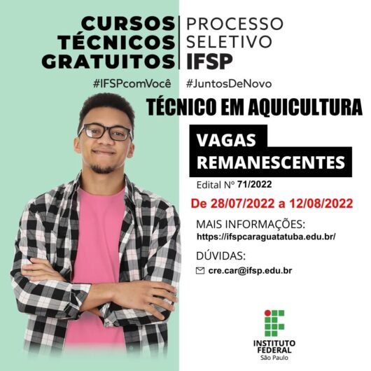 Instituto Federal de Caraguatatuba disponibiliza 33 vagas para curso de Aquicultura Divulgação/PMC