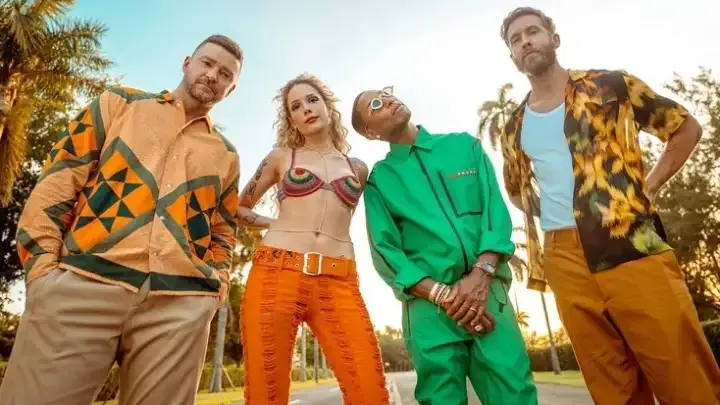 Calvin Harris, Justin Timberlake, Halsey e Pharrell no clipe de "Stay With Me"