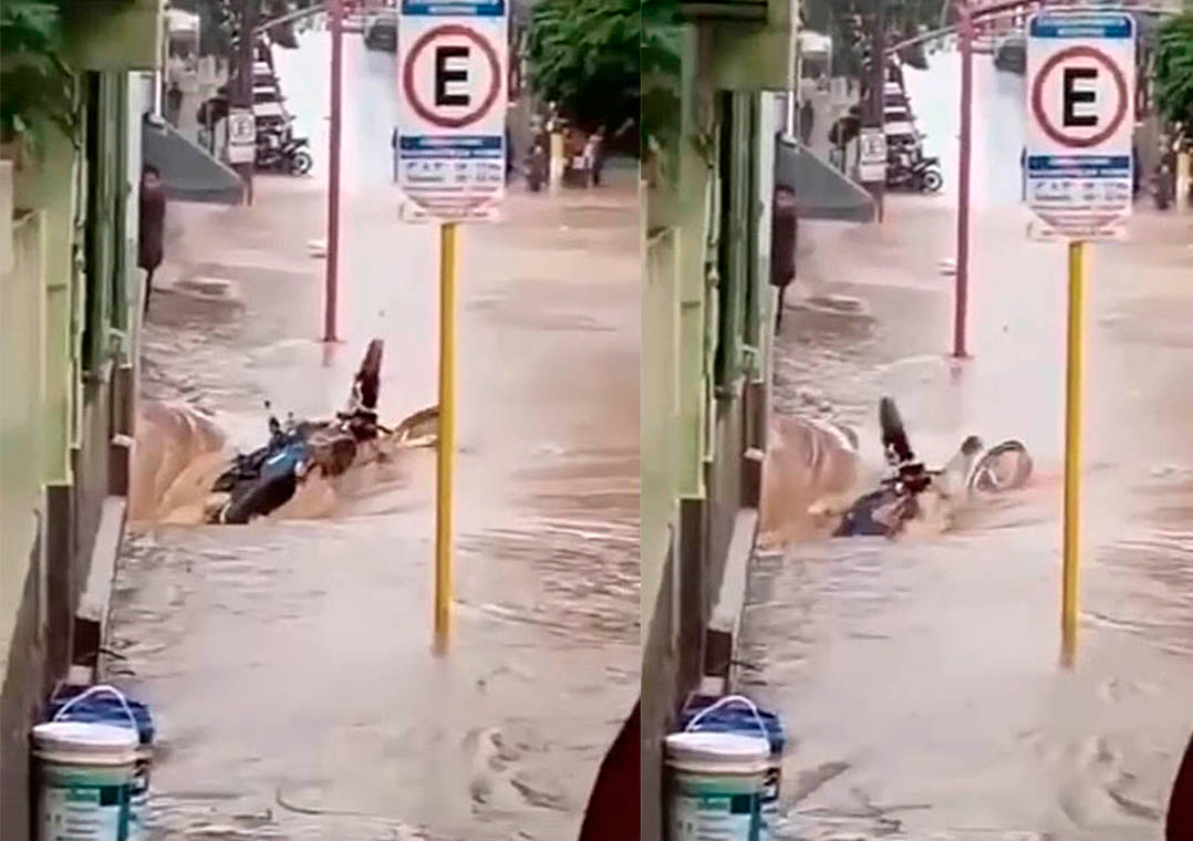 Vdeo: moto  engolida por boca de lobo aps chuva em Avar (SP)