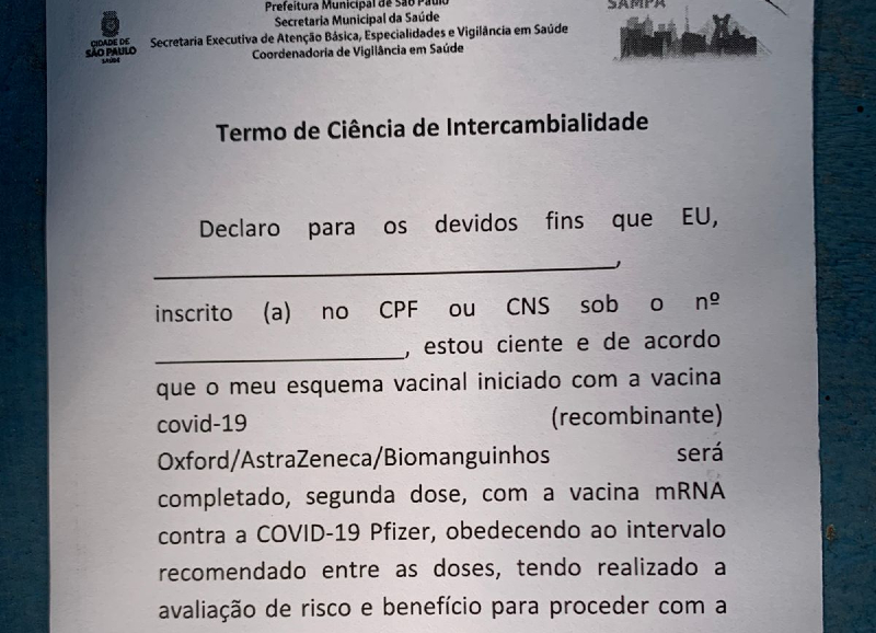 Termo de ciência precisa ser assinado no estado de São Paulo devido à intercambialidade de vacinas Lucas Jozino/Rádio Bandeirantes