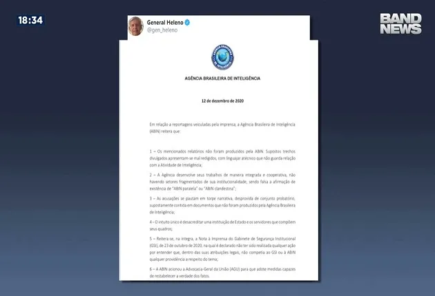 General Augusto Heleno compartilha nota da Abin que diz que agência não produziu relatórios