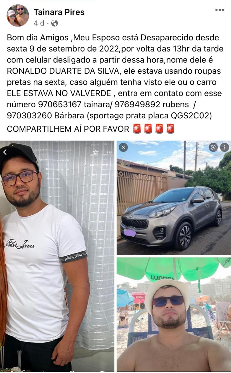 Familiares se manifestaram nas redes sociais pedindo ajuda na busca por Ronaldo Reprodução/Redes Socias