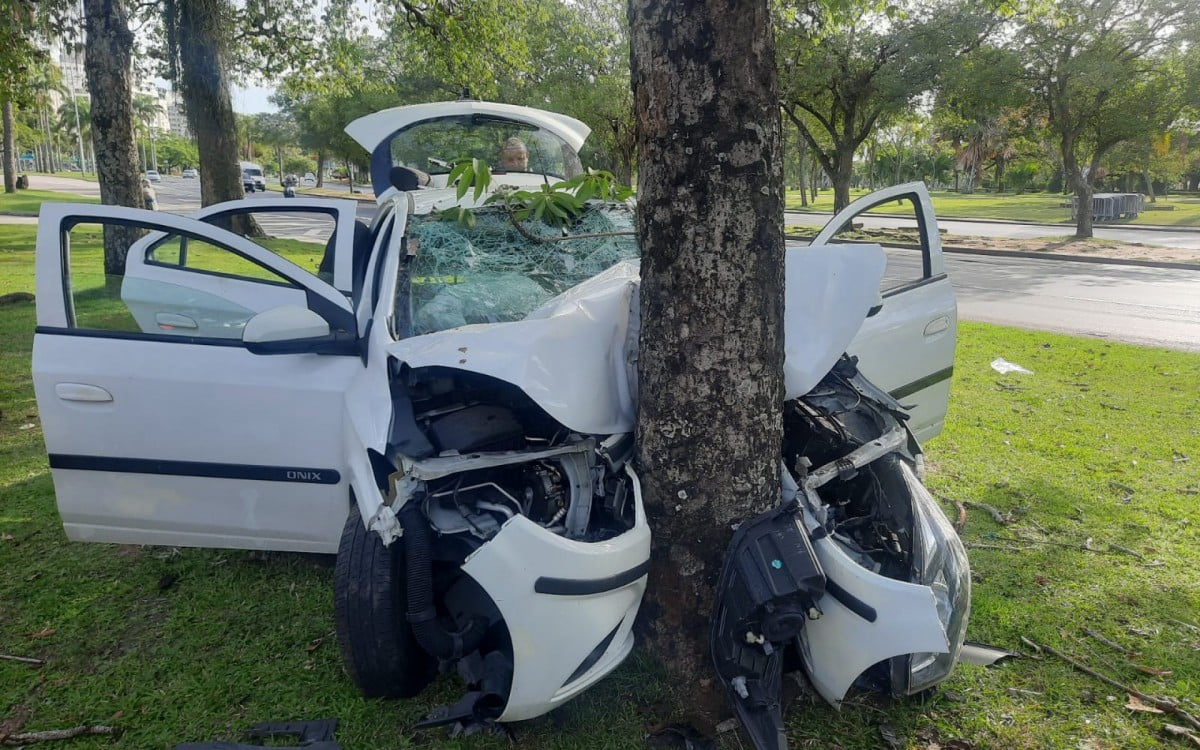 O veículo Onix branco que bateu em uma árvore, em frente ao Monumento aos Pracinhas Reprodução