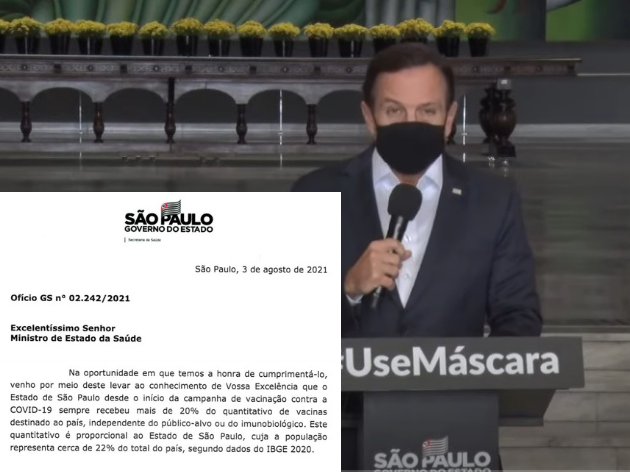 O governo de São Paulo cobra do Ministério da Saúde o envio de novas doses da vacina da Pfizer contra a Covid-19 Foto: Reprodução/Governo do Estado de São Paulo