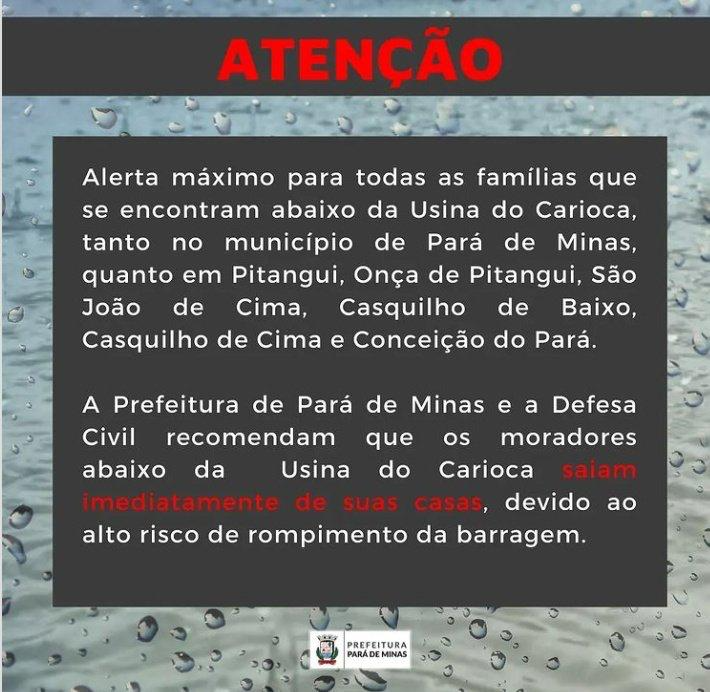 Pará de Minas alerta moradores para o risco de rompimento de barragem. Foto: Reprodução/Redes Sociais