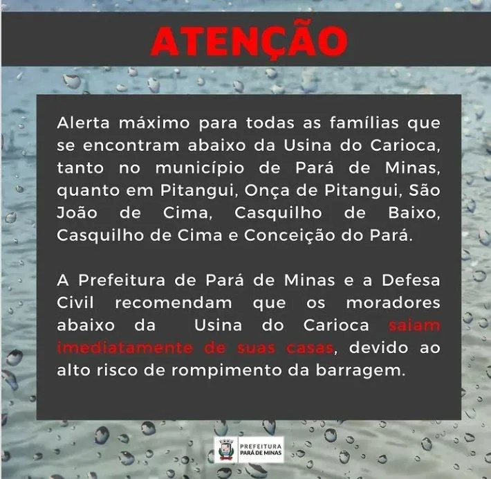 Pará de Minas alerta moradores para o risco de rompimento de barragem.