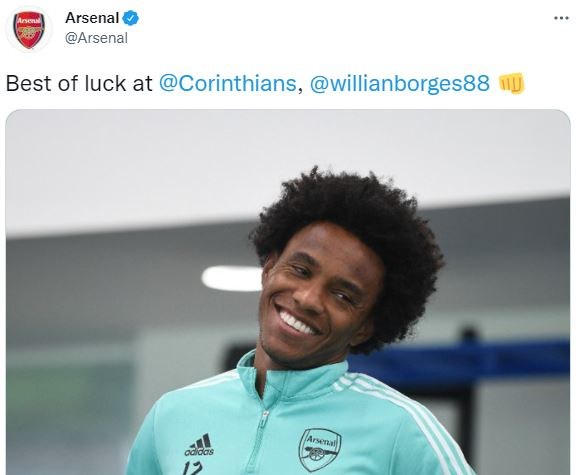 Postagem do Arsenal desejando sorte a Willian no Corinthians Reprodução/Twitter