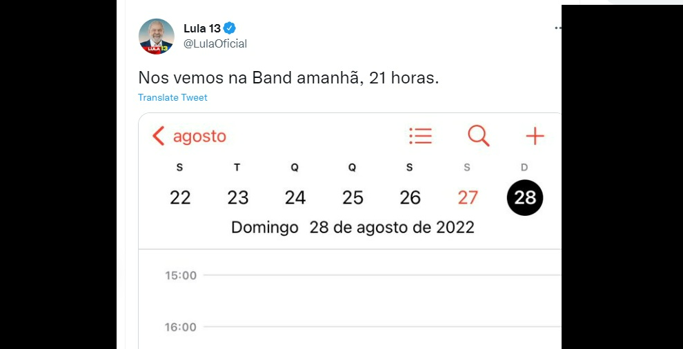 Lula postou mensagem sobre o debate na Band Reprodução/Twitter/Lula