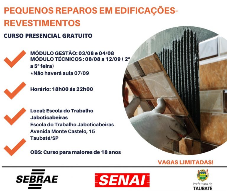 Curso de pequenos reparos em edificações está com inscrições abertas em Taubaté Reprodução / Prefeitura de Taubaté