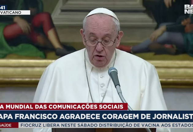 Em mensagem transmitida pelo Vaticano, o Papa Francisco agradeceu os profissionais de comunicação pela coragem BandNews