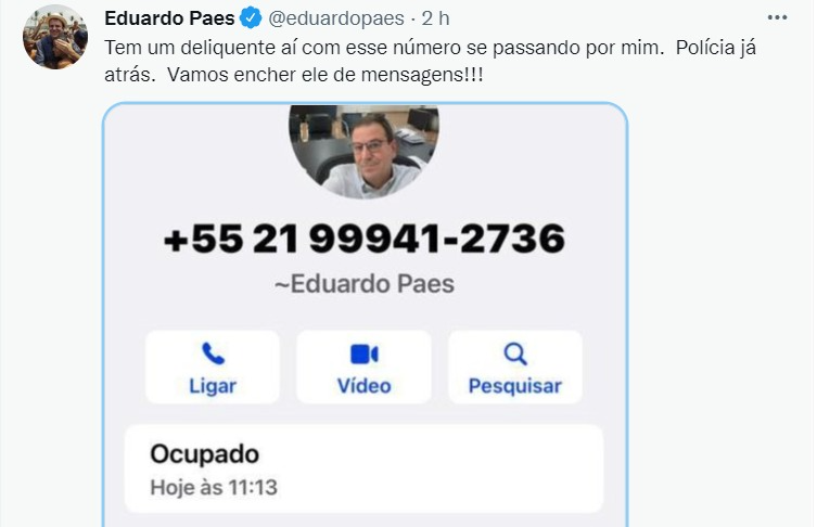 Paes divulgou o contato usado pelo golpista Reprodução/Redes Sociais