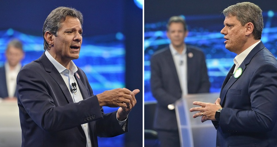 Fernando Haddad (PT) e Tarcísio de Freitas (Republicanos) no debate na Band Renato Pizzutto/Band