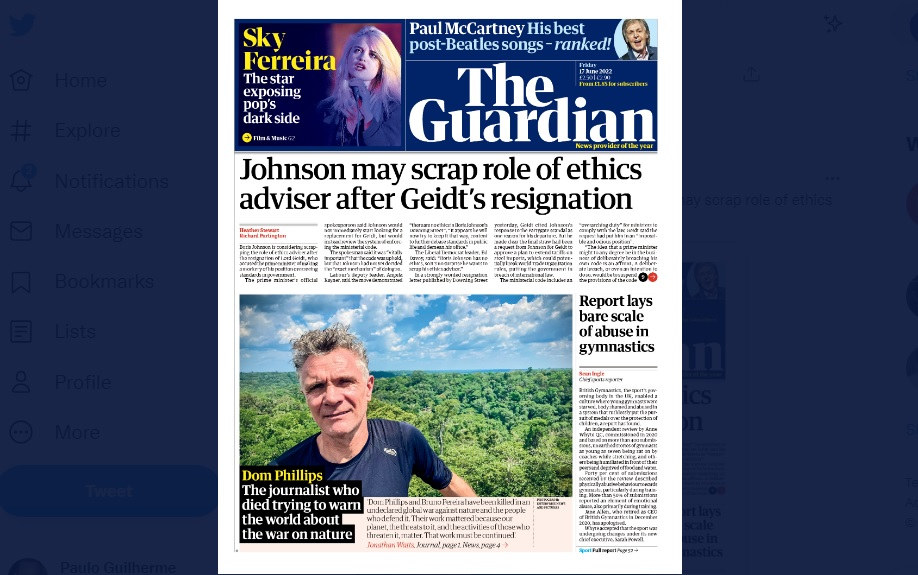 The Guardian destaca morte de Dom Phillips na capa da edição desta sexta-feira (17)