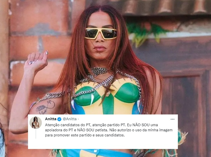 Após declarar voto em Lula, Anitta afirmou que não é petista Reprodução/Twitter @anitta