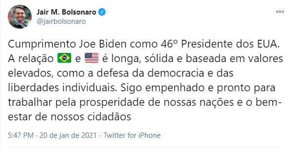 Bolsonaro parabeniza Biden pelo Twitter Reprodução/Twitter